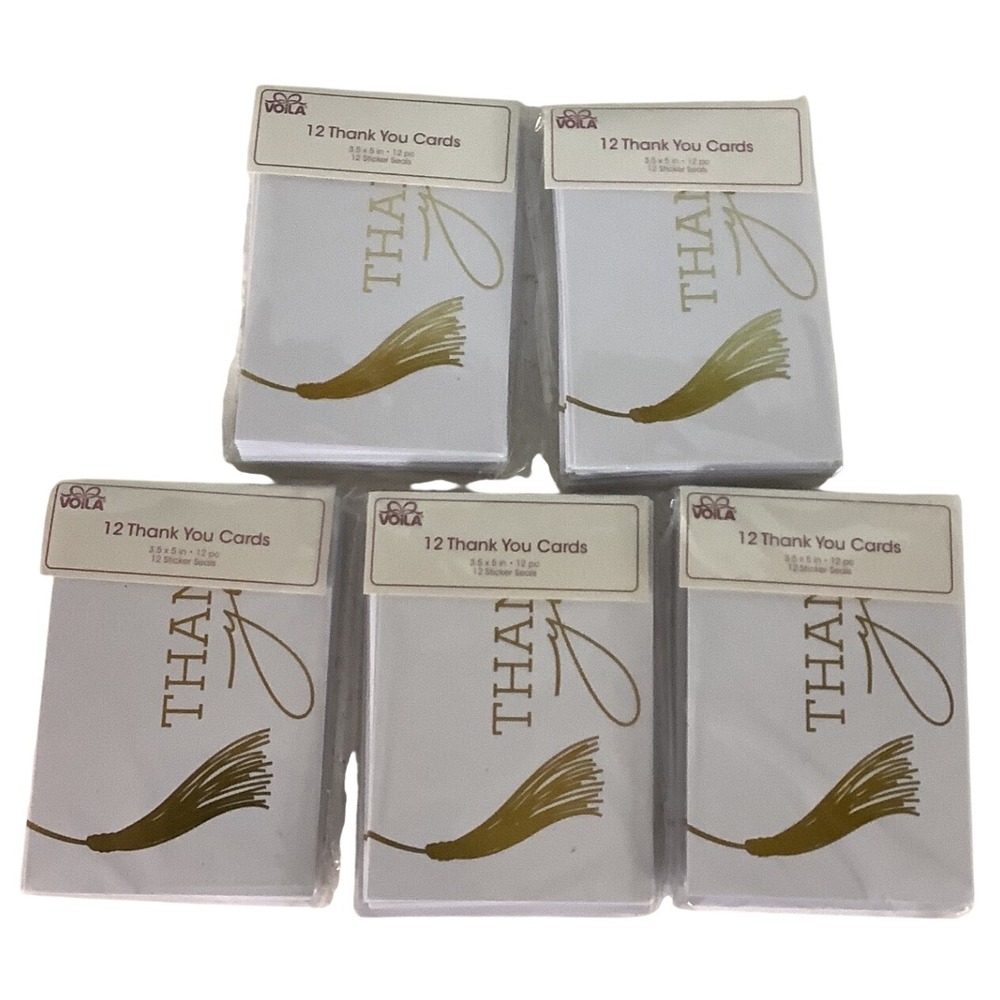 Voila 5 Pack Thank You Cards with Sticker Seals Gold Tassel White 60 Count Total
